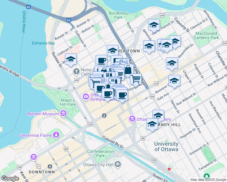 map of restaurants, bars, coffee shops, grocery stores, and more near 325 Dalhousie Street in Ottawa
