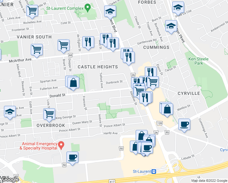 map of restaurants, bars, coffee shops, grocery stores, and more near 546 Donald Street in Ottawa