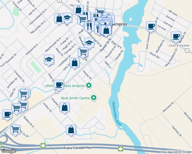 map of restaurants, bars, coffee shops, grocery stores, and more near 12 Thomas Street South in Arnprior