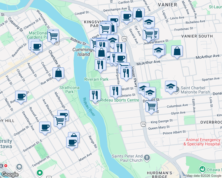 map of restaurants, bars, coffee shops, grocery stores, and more near 10 Stevens Avenue in Ottawa