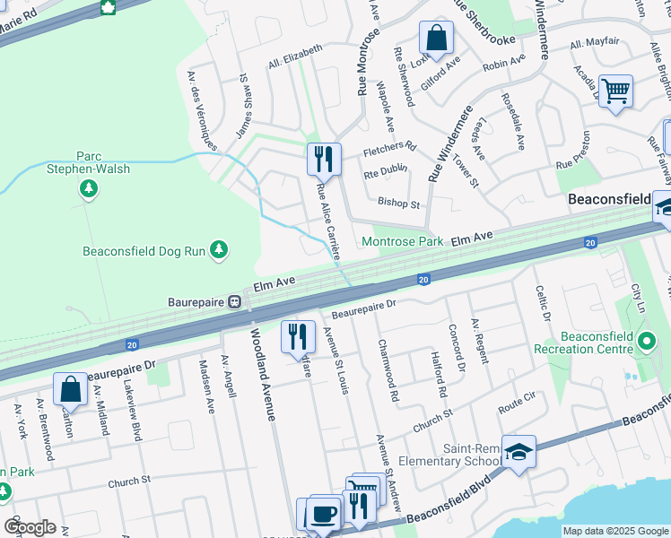 map of restaurants, bars, coffee shops, grocery stores, and more near 505 Elm Avenue in Beaconsfield