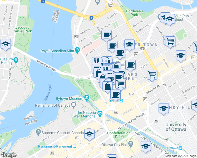 map of restaurants, bars, coffee shops, grocery stores, and more near 445 Sussex Drive in Ottawa