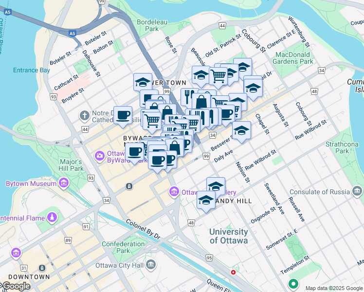 map of restaurants, bars, coffee shops, grocery stores, and more near 265 Rideau Street in Ottawa