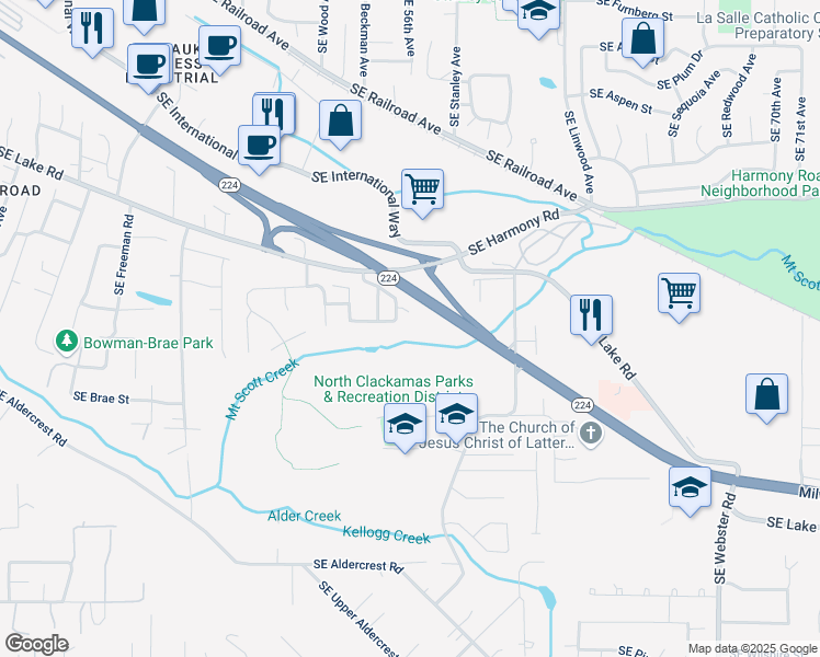 map of restaurants, bars, coffee shops, grocery stores, and more near 5682 Southeast Kayla Court in Milwaukie