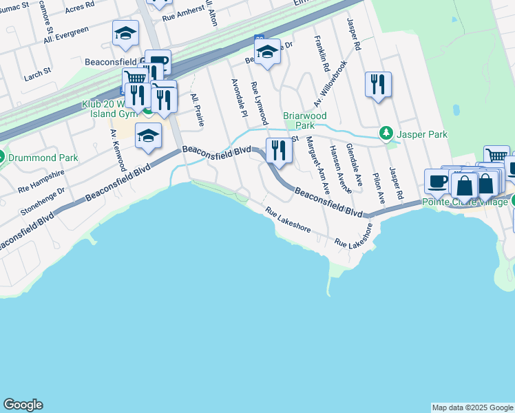 map of restaurants, bars, coffee shops, grocery stores, and more near 60 Chemin Lakeshore in Beaconsfield