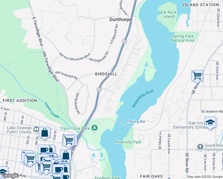 map of restaurants, bars, coffee shops, grocery stores, and more near 51 Southwest Briarwood Road in Lake Oswego