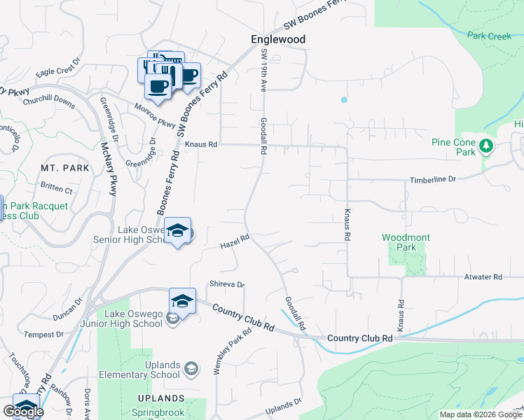 map of restaurants, bars, coffee shops, grocery stores, and more near 13348 Goodall Road in Lake Oswego