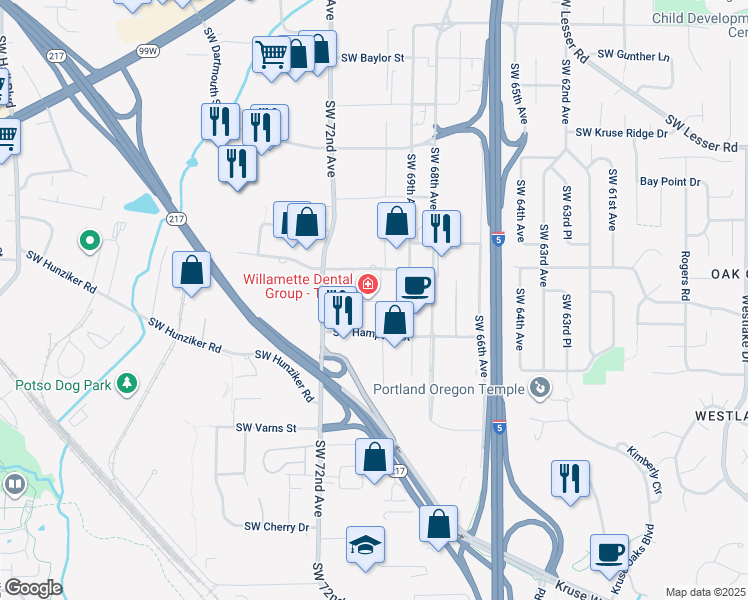 map of restaurants, bars, coffee shops, grocery stores, and more near 7090 Southwest Beveland Street in Tigard