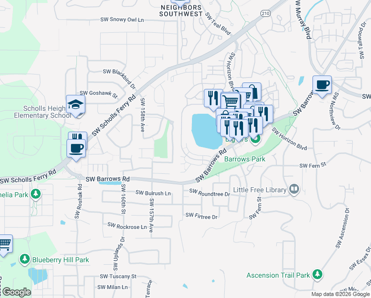 map of restaurants, bars, coffee shops, grocery stores, and more near 15435 Southwest Mallard Drive in Beaverton
