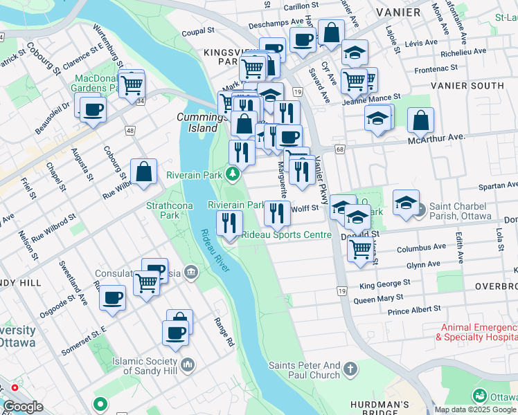 map of restaurants, bars, coffee shops, grocery stores, and more near in Ottawa