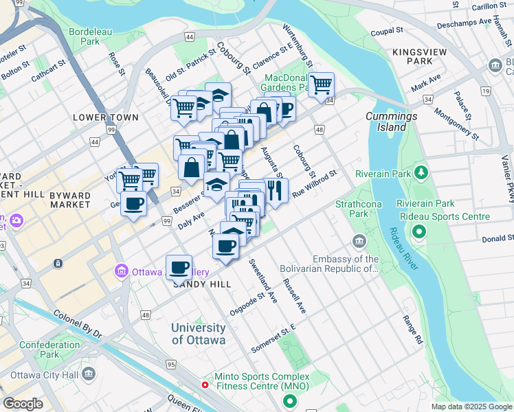 map of restaurants, bars, coffee shops, grocery stores, and more near in Ottawa