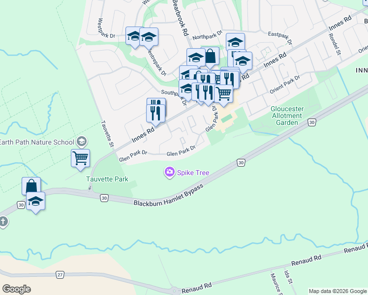 map of restaurants, bars, coffee shops, grocery stores, and more near 85 Glen Park Drive in Ottawa