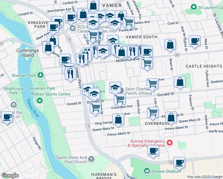 map of restaurants, bars, coffee shops, grocery stores, and more near 235 Donald Street in Ottawa
