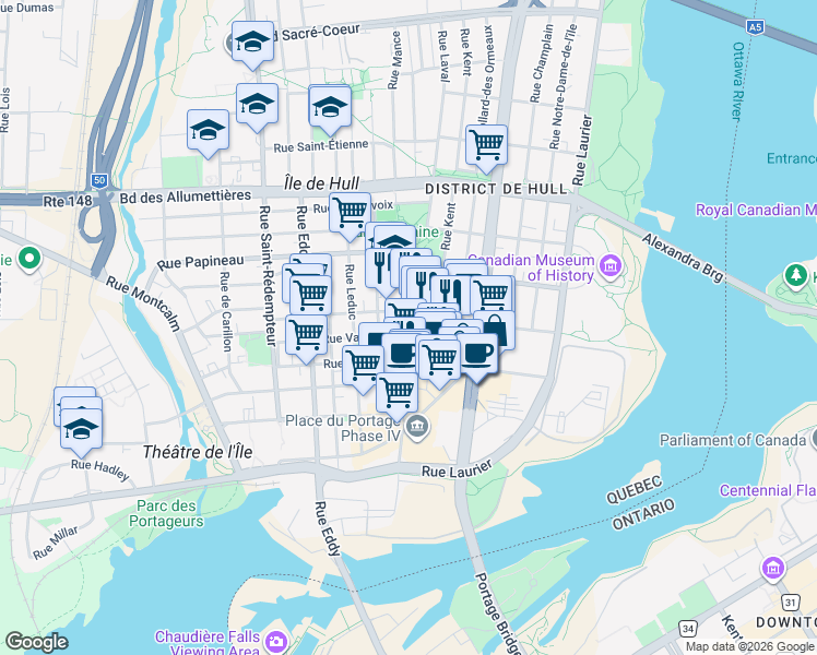 map of restaurants, bars, coffee shops, grocery stores, and more near 89 Rue Vaudreuil in Gatineau