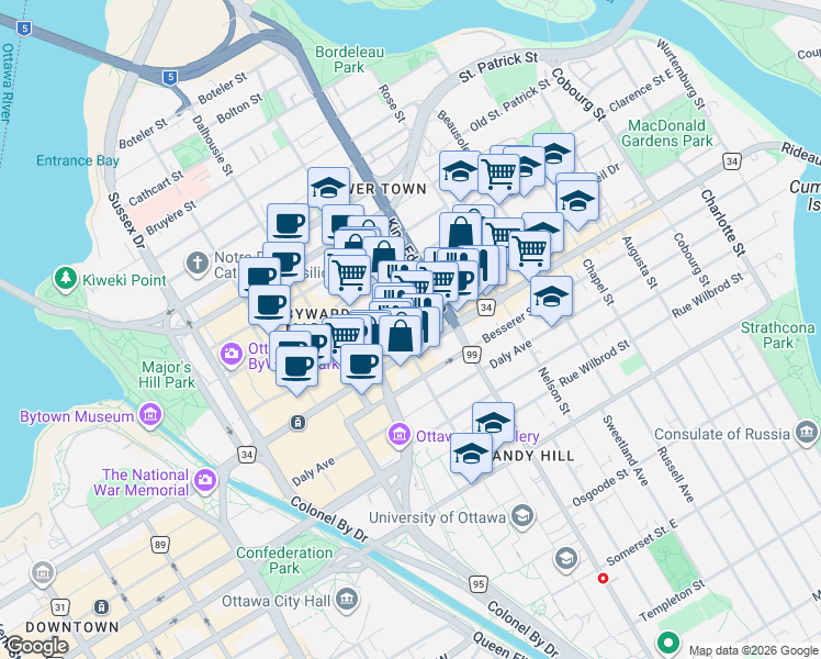 map of restaurants, bars, coffee shops, grocery stores, and more near 180 George Street in Ottawa