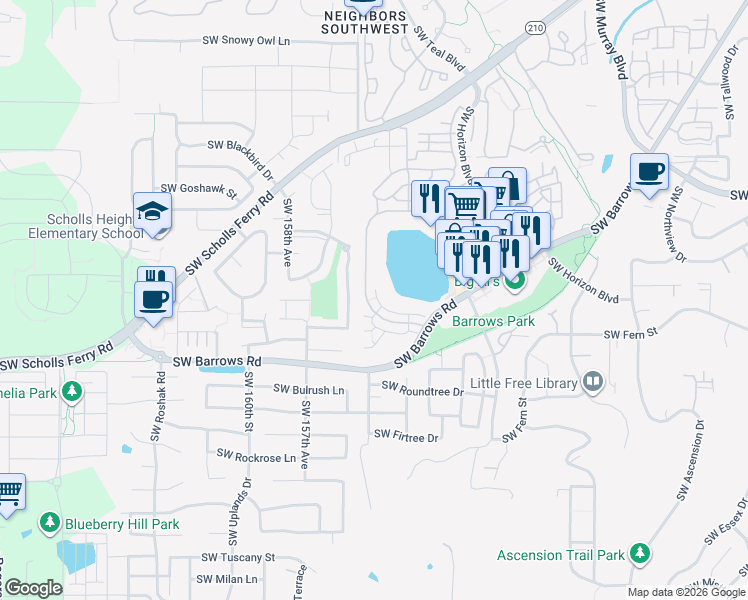 map of restaurants, bars, coffee shops, grocery stores, and more near 15435 Southwest Mallard Drive in Beaverton