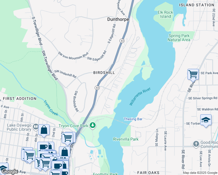 map of restaurants, bars, coffee shops, grocery stores, and more near 51 Southwest Briarwood Road in Lake Oswego