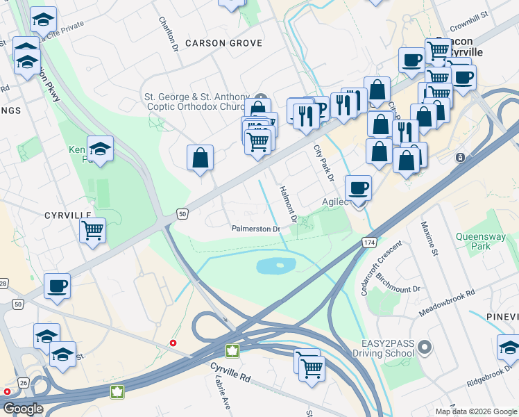 map of restaurants, bars, coffee shops, grocery stores, and more near 1441 Palmerston Drive in Ottawa