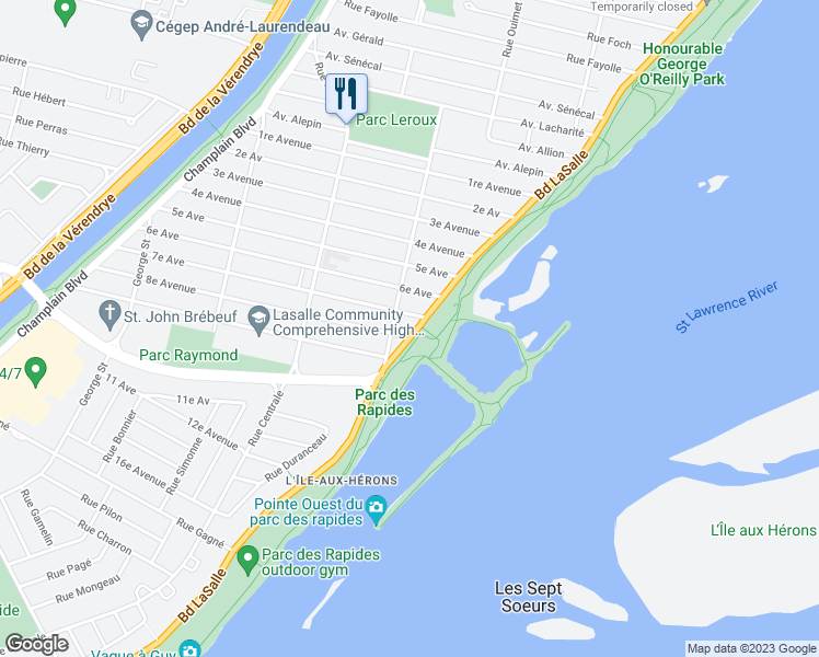 map of restaurants, bars, coffee shops, grocery stores, and more near 7721 Boulevard LaSalle in Montréal