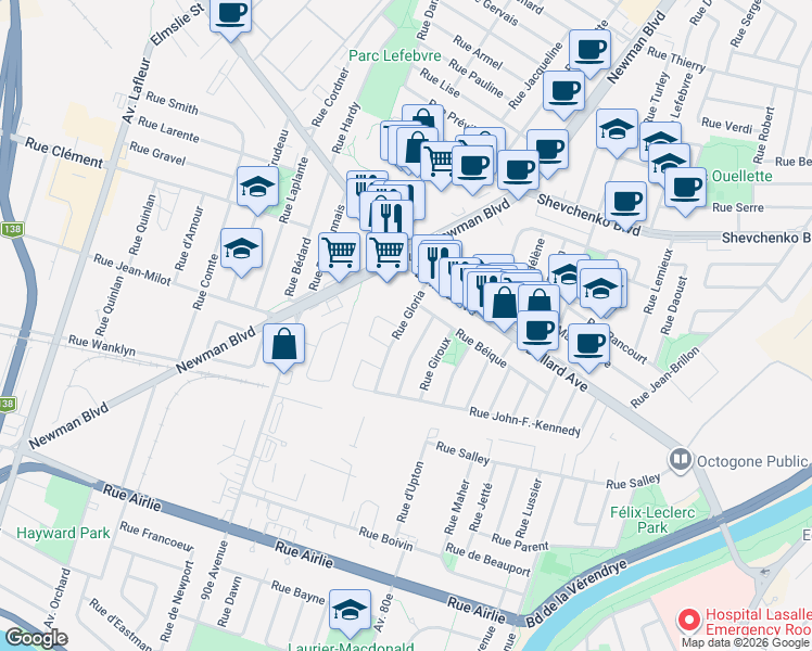 map of restaurants, bars, coffee shops, grocery stores, and more near 8780 Rue Gloria in Montréal