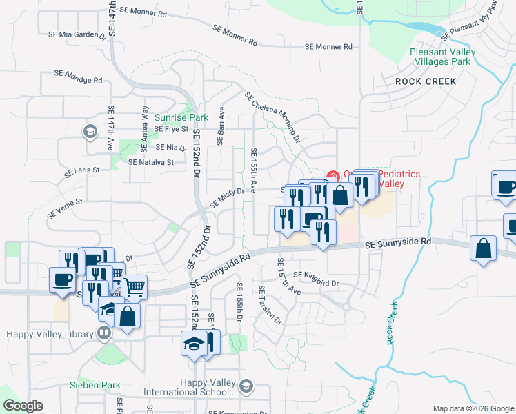 map of restaurants, bars, coffee shops, grocery stores, and more near 12842 Southeast 155th Avenue in Happy Valley