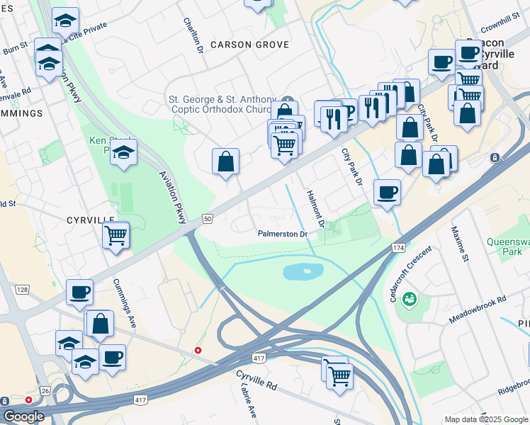 map of restaurants, bars, coffee shops, grocery stores, and more near 103-1389 Palmerston Drive in Ottawa