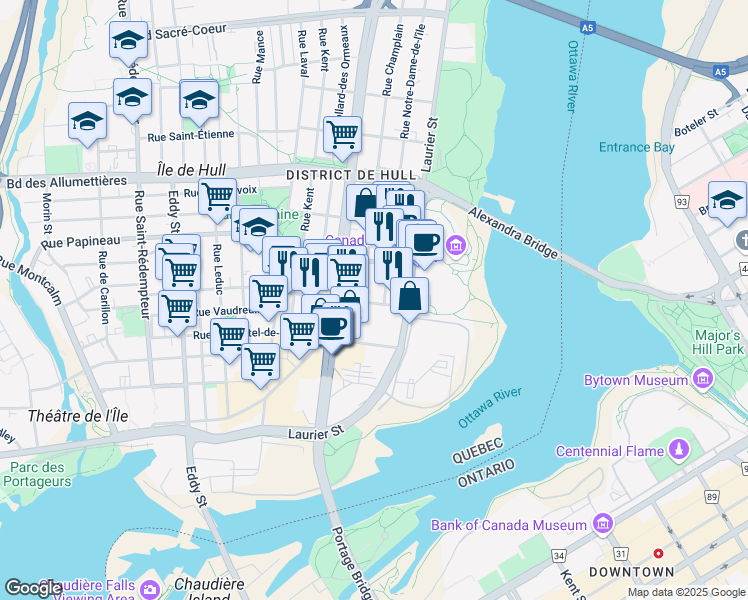 map of restaurants, bars, coffee shops, grocery stores, and more near 95 Rue Victoria in Gatineau