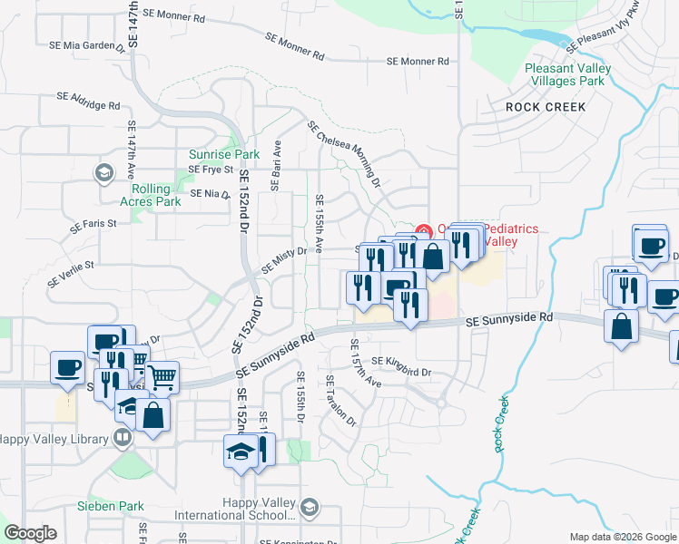 map of restaurants, bars, coffee shops, grocery stores, and more near 8645 Southeast 156th Avenue in Happy Valley