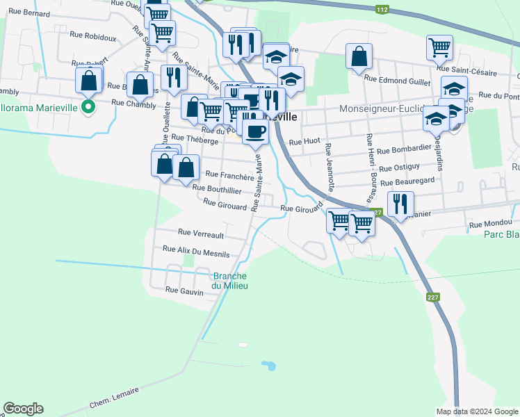map of restaurants, bars, coffee shops, grocery stores, and more near 1360 Rue Girouard in Marieville