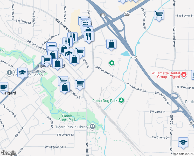 map of restaurants, bars, coffee shops, grocery stores, and more near 12650 Southwest Hall Boulevard in Tigard