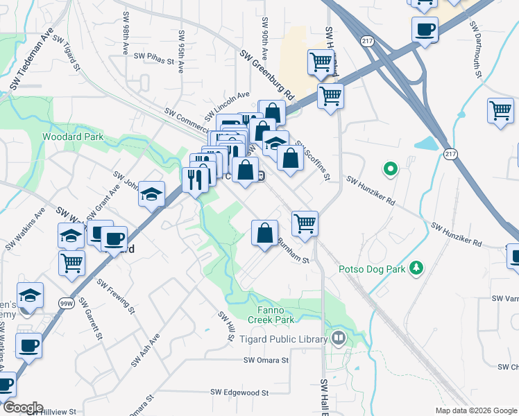 map of restaurants, bars, coffee shops, grocery stores, and more near 9047 Southwest Burnham Street in Tigard