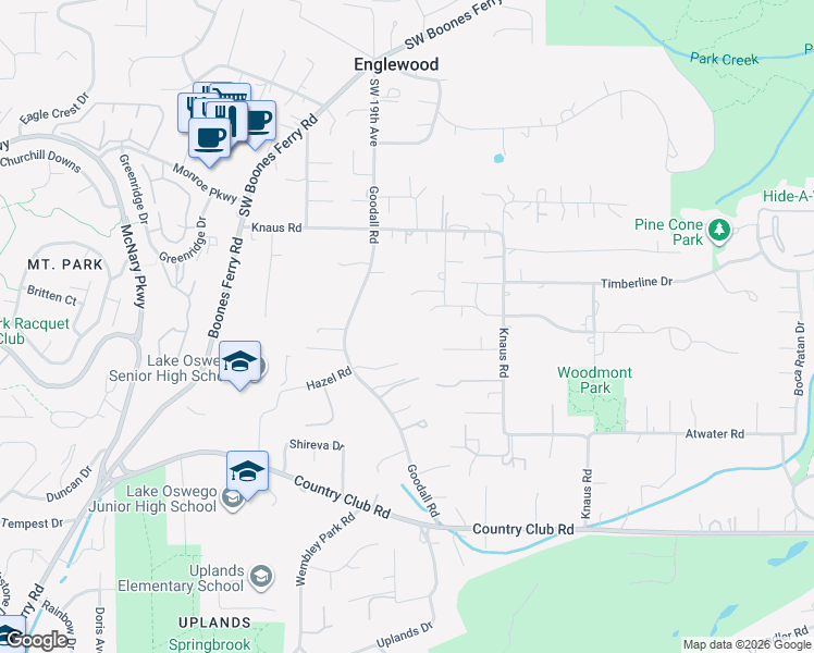 map of restaurants, bars, coffee shops, grocery stores, and more near 1640 Country Commons Lane in Lake Oswego