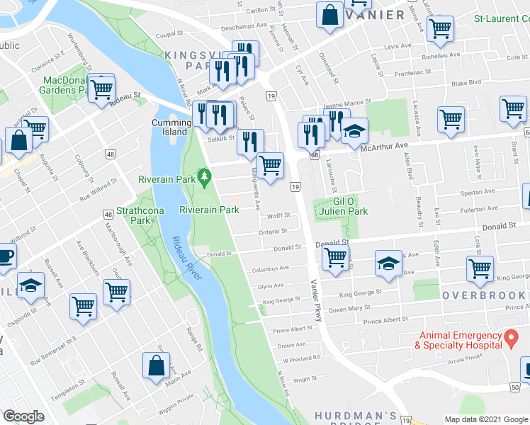map of restaurants, bars, coffee shops, grocery stores, and more near in Ottawa