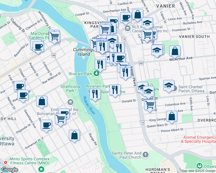 map of restaurants, bars, coffee shops, grocery stores, and more near in Ottawa