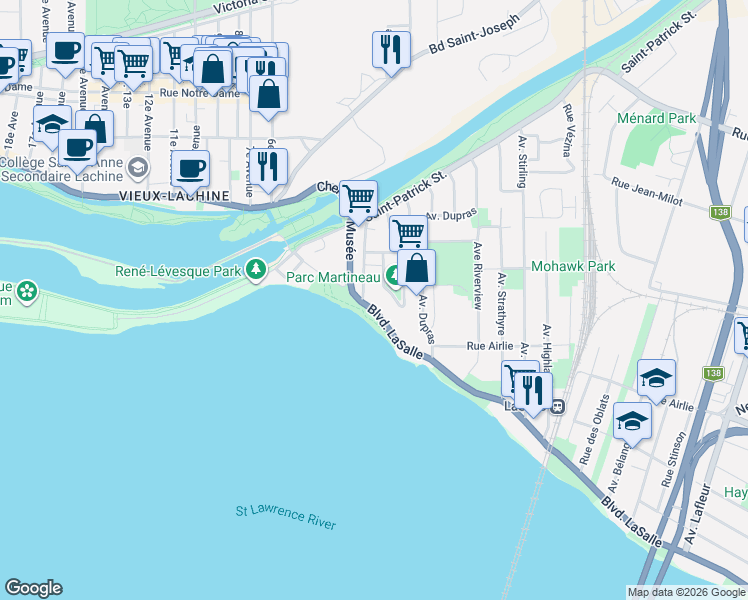 map of restaurants, bars, coffee shops, grocery stores, and more near 9893 Boulevard LaSalle in Montréal