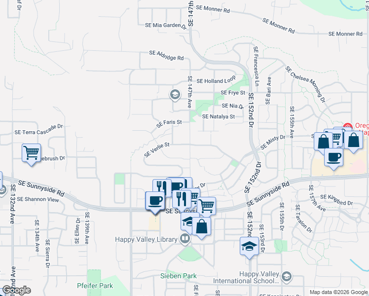 map of restaurants, bars, coffee shops, grocery stores, and more near 12577 Southeast Verlie Street in Happy Valley