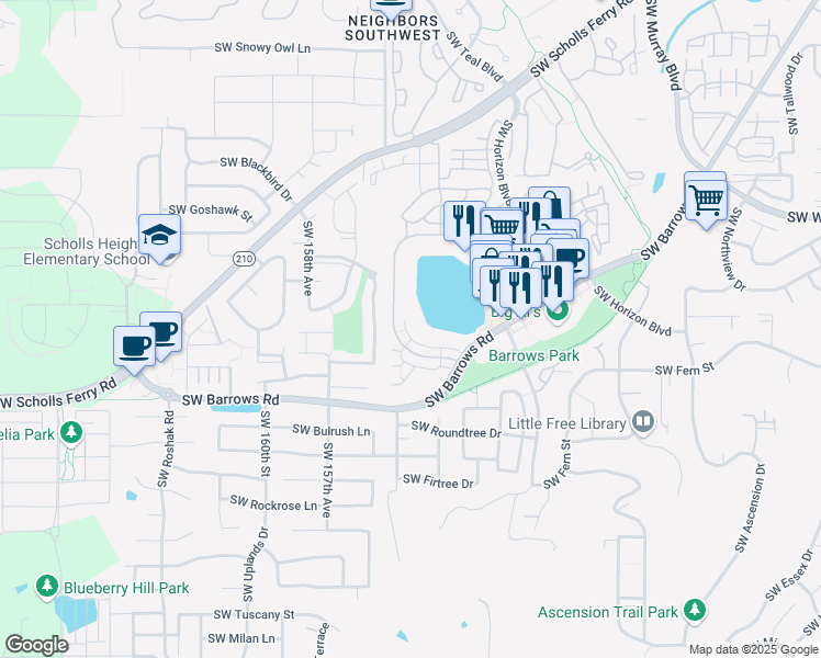 map of restaurants, bars, coffee shops, grocery stores, and more near 15435 Southwest Mallard Drive in Beaverton