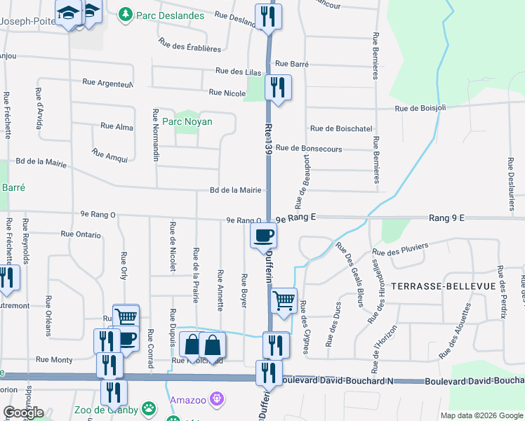 map of restaurants, bars, coffee shops, grocery stores, and more near 708 Rue Dufferin in Granby