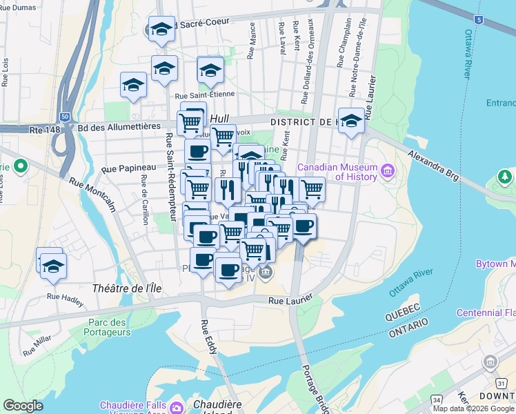 map of restaurants, bars, coffee shops, grocery stores, and more near 89 Rue Vaudreuil in Gatineau