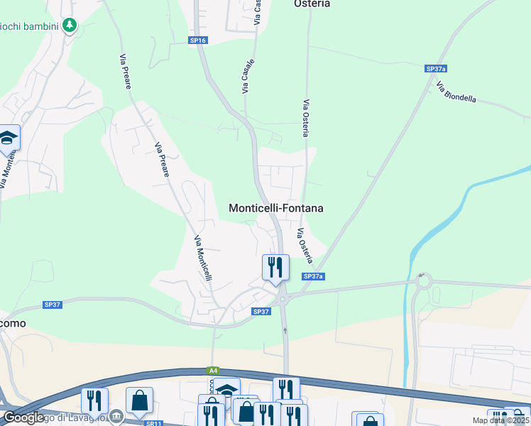 map of restaurants, bars, coffee shops, grocery stores, and more near 14A Via Fontana in Monticelli-fontana