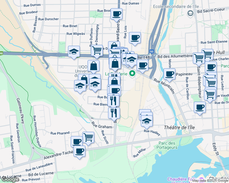 map of restaurants, bars, coffee shops, grocery stores, and more near 83 Boulevard Saint-Joseph in Gatineau
