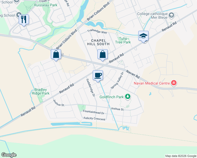 map of restaurants, bars, coffee shops, grocery stores, and more near 390 Rolling Meadow Crescent in Ottawa