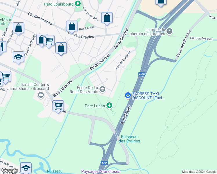map of restaurants, bars, coffee shops, grocery stores, and more near 6120 Rue de Lancaster in Brossard