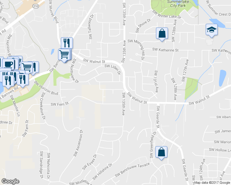 map of restaurants, bars, coffee shops, grocery stores, and more near 13590 Southwest Walnut Lane in Tigard