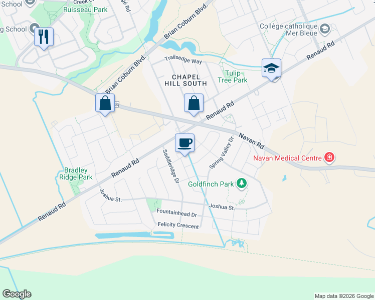 map of restaurants, bars, coffee shops, grocery stores, and more near 390 Rolling Meadow Crescent in Ottawa