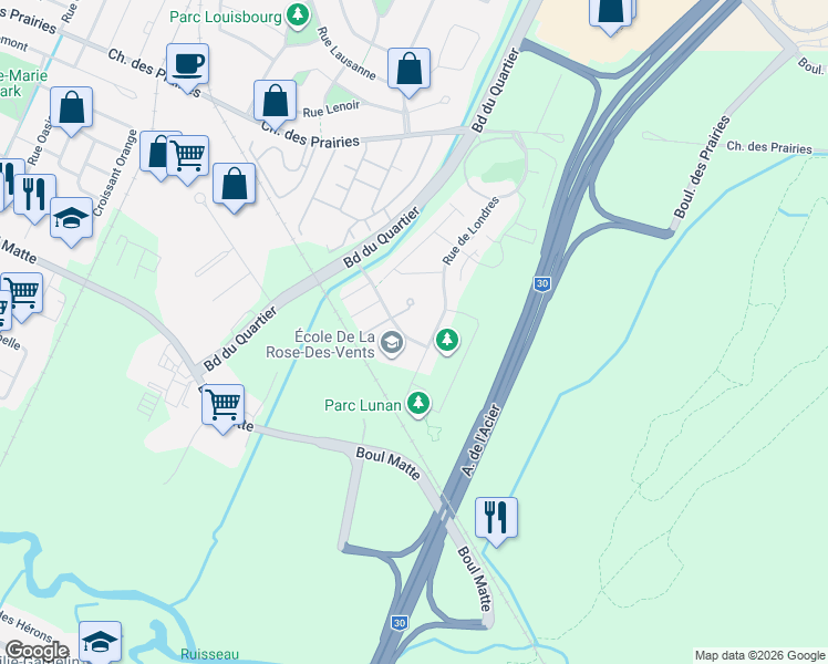 map of restaurants, bars, coffee shops, grocery stores, and more near 6120 Rue de Lancaster in Brossard