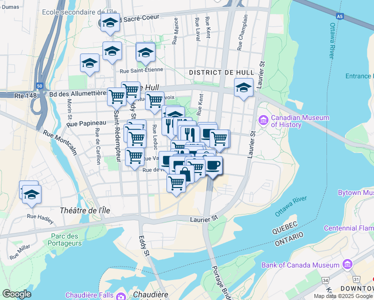 map of restaurants, bars, coffee shops, grocery stores, and more near 6 Rue Victoria in Gatineau