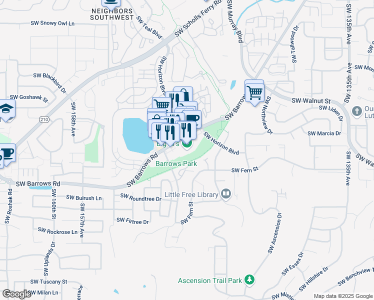 map of restaurants, bars, coffee shops, grocery stores, and more near 14950 Southwest Barrows Road in Beaverton