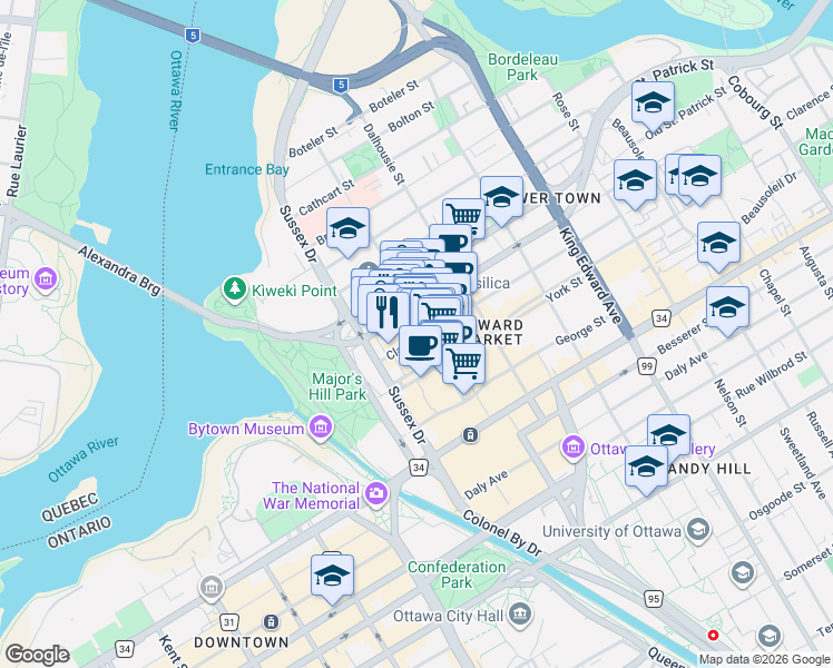 map of restaurants, bars, coffee shops, grocery stores, and more near 45 Clarence Street in Ottawa