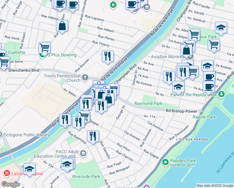 map of restaurants, bars, coffee shops, grocery stores, and more near 939 Boulevard Bishop Power in Montreal